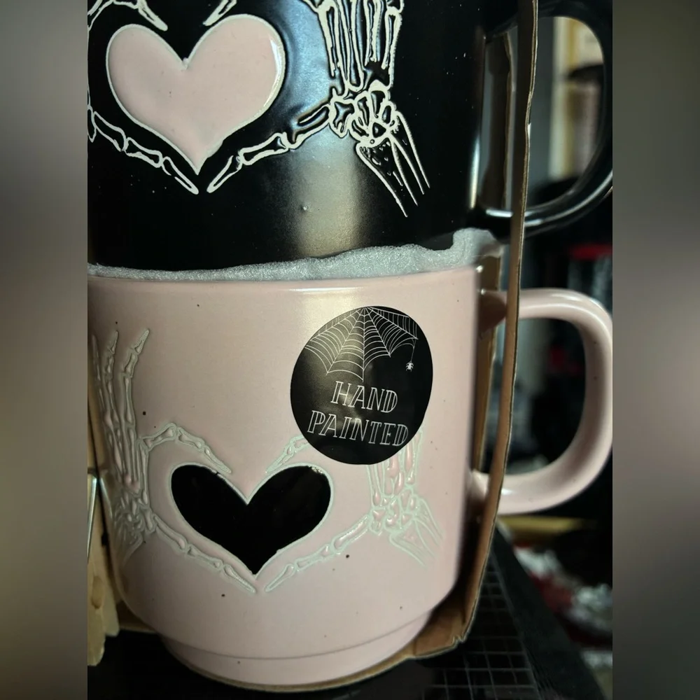 Skeleton Heart Hand Painted Mugs - Black and Pink - Picture 2 of 3